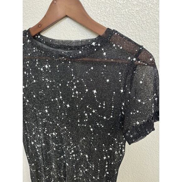 sheer black stars top rave sexy festival stretch short sleeve womens S metallic - Picture 3 of 4